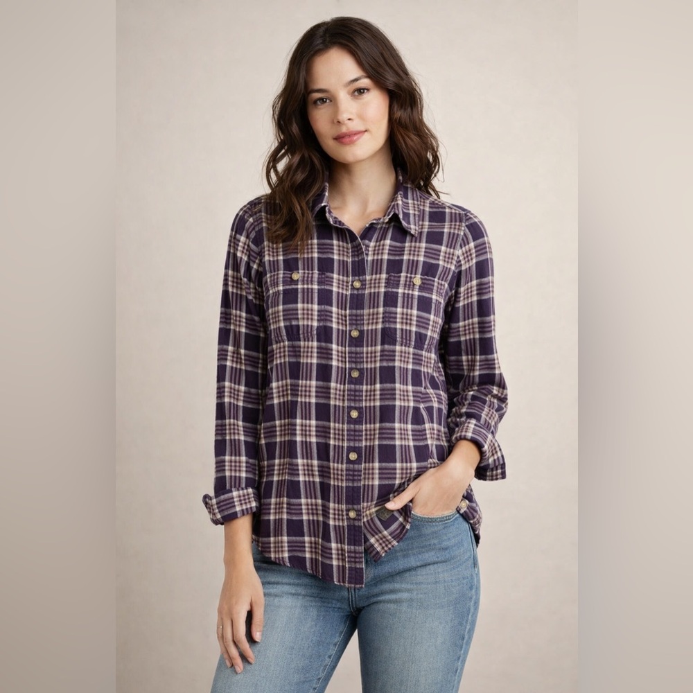 Duluth Trading Flannel Purple, Tan, Cream Plaid Shacket 100% Cotton Sz Small
